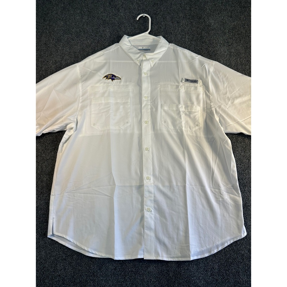 Columbia PFG Baltimore Ravens Tamiami II White Fishing Shirt Mens Large L/G